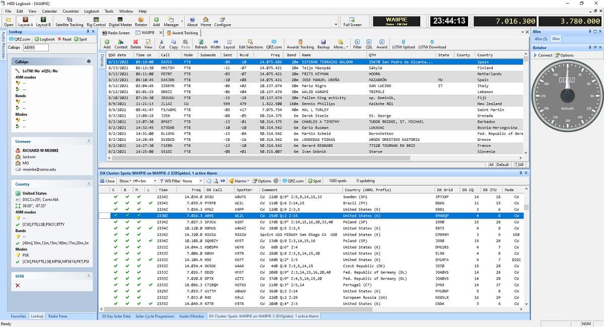 Ham Radio Deluxe Logbook Logger's Hamlog Screen With DX Cluster Callsign Lookup Rotor and Awards